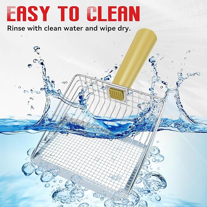 Metal Cat Litter Scoop with Holder, Heavy Duty Cat Scooper for Litter Box, Large Deep Sifter Shovel with Dual-Hole Design (10mm/5mm) for Pellets, Pine & Clay, Non-Stick Scraping Edge, Yellow