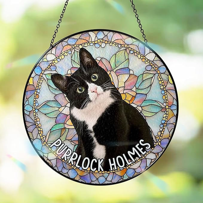 Custom Cat Portrait Art Suncatcher Stained Glass Window Hanging Remembrance Gift Indoor Decor Dog Bereavement Keepsake Loss of Pet Sympathy with Name Date Portrait