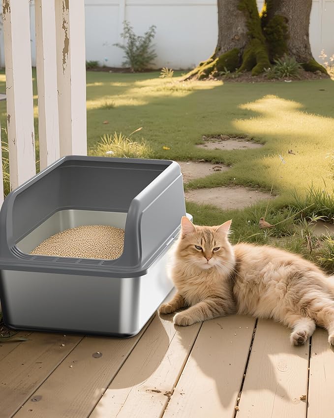 Stainless Steel Cat Litter Box, Metal Litter Box with Scoop, High- Sided, Anti-Leakage Top Entry, Non-Sticky, Easy to Clean, Grey, M (1 Pack)