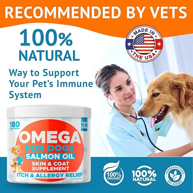 Omega 3 Fish Oil for Dogs (180Ct) - Skin&Coat Chews - Dry & Itchy Skin Relief + Allergy Support - Shiny Coat - EPA&DHA Fatty Acids - Salmon Oil Chews Promotes Heart - Peanut