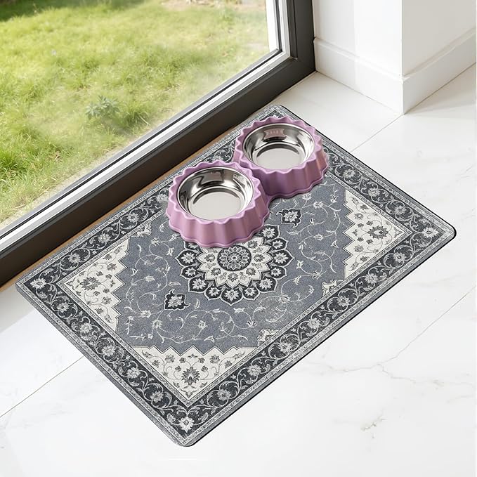 Dog Food Feeding Mat - Absorbent Diatomite Pet Dog Cat Bowl Mats for Food and Water, Anti Slip Dog Bowl Placemat for Floors, Quick Dry Pet Dish Matts Supplies, Bohemia Style, 16 * 24in
