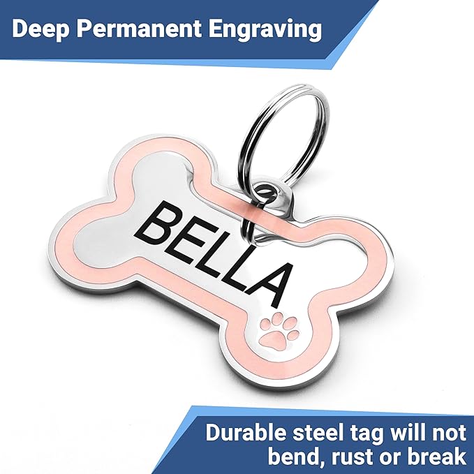 GoTags Stainless Steel Pet ID Bone Round and Heart Shaped Tags with Enamel Paw Design, Personalized Dog and Cat Tags, up to 5 Lines of Custom Text, Engraved on Both Sides (Sage, Regular Bone)