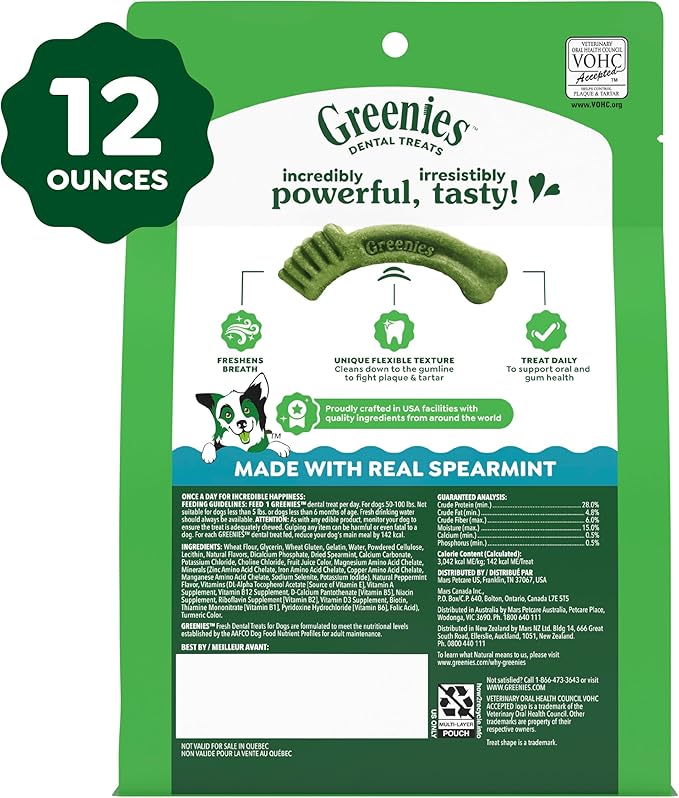Greenies Dog Treats, Veterinarian-Recommended Natural Dental Dog Treats, Large Size, Mint Flavor, 12 oz. Pack, 8 Count