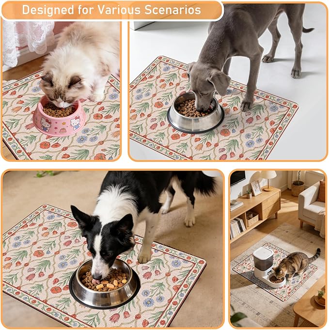 Dog Bowl Mat for Food and Water - Hamdwerk Absorbent Anti Slip Cat Feeding Mats for Floors, Quick Dry Pet Dog Feeding Matts, Diatomite Pet Dish Placemat Supplies, Vintage Floral Style, 12 * 20in