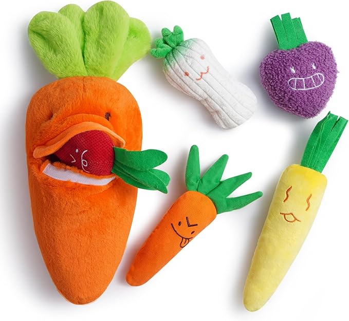 Nocciola Carrot Dog Toys – Easter Squeaky Toys-in-Toys: 5 Small Carrots Inside a Large Plush Carrot with Squeaker & Crinkle Sounds for Small, Medium, Large Breeds, Spring Pet Gifts