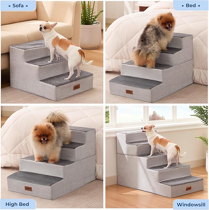 Dog Stairs for Large Dogs - Extra Wide Pet Stairs 2 in 1 with Zippers Suitable for Couch and Bed, 35D Foam Dog Steps with Non Slip Bottom Grey 4 Steps, Grey