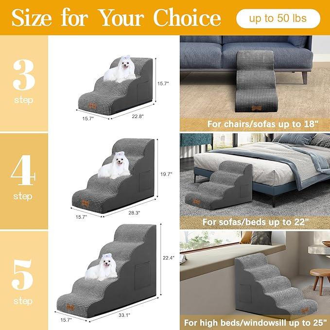 Dog Stairs for Small Dogs, Wide Pet Step with Removable Cover, No Assembly High Density Foam Cat Ramp for Bed or Sofa, 4-Step, Dark Grey