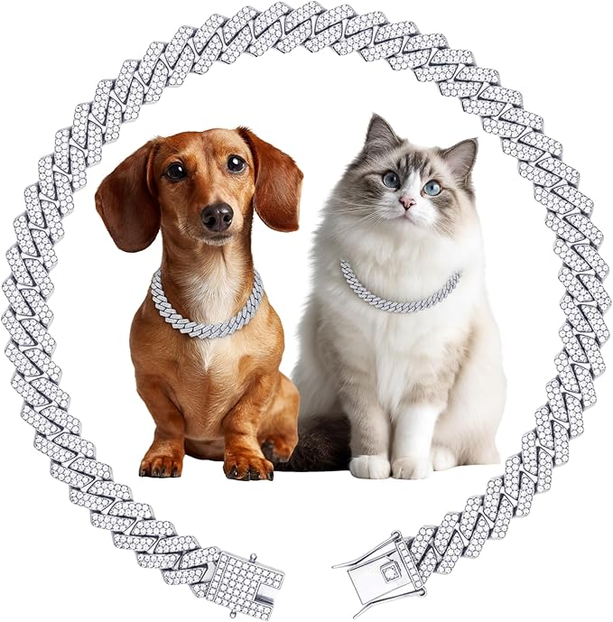 Luxury Cuban Link Dog Collar Silver Dog Chain Necklace with Diamond Rhinestones - 0.59 Inch Width Metal Pet Collar Jewelry for Small Medium Large Dogs & Cats (12 inch)