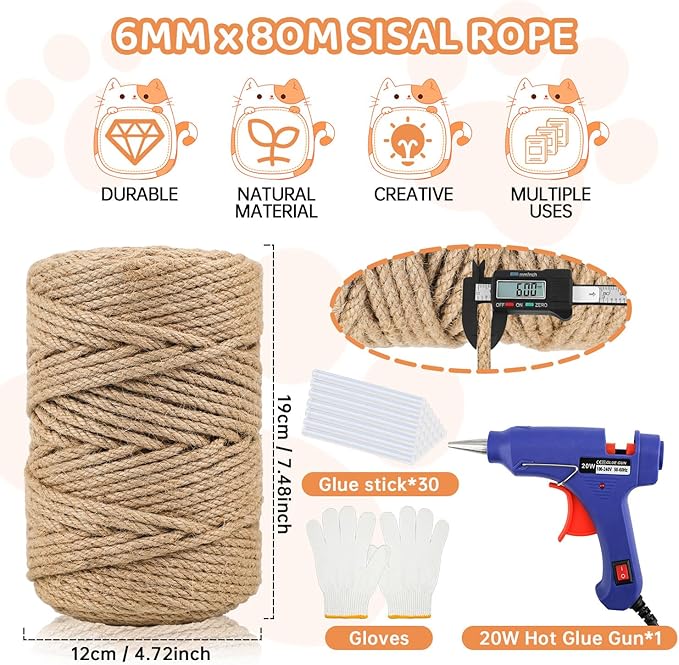 262 ft Sisal Rope for Cat Scratcher Kits, 6mm Thick Rope for Cat Scratch Post, DIY Hemp Twine with Hot Glue Gun and 30 Glue Sticks