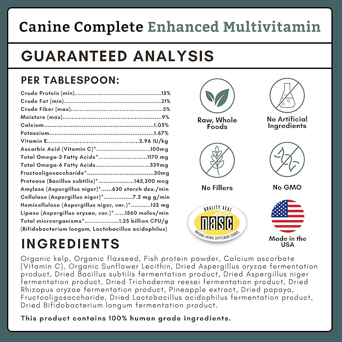 Wholistic Pet Organics Canine Complete - Dog Multivitamin Powder - 1 Lb - Daily Dog Vitamins and Supplements for Homemade Food - Immune System, Skin, Coat & Overall Health - All Breeds - 45 Scoops