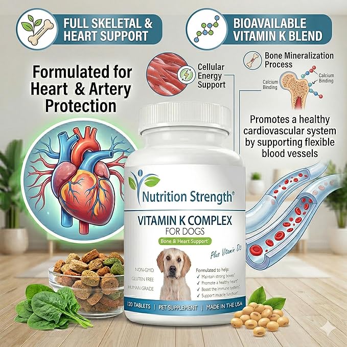 Vitamin K for Dogs - K1 & K2 (MK4 + MK7) + Vitamin D3 for Bone Health, Heart Support & Calcium Absorption - Advanced Formula for Strong Joints, Muscle & Immune Support - 120 Tablets