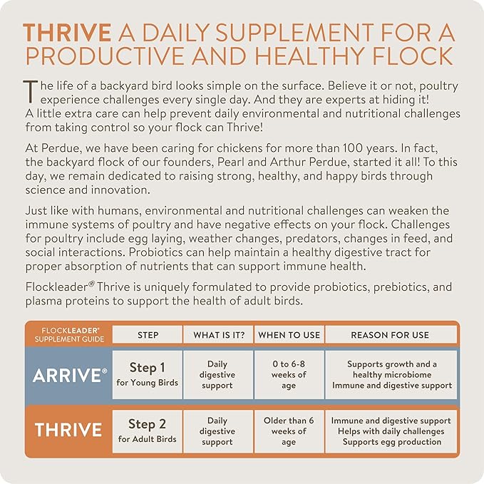 FlockLeader Thrive, Daily Probiotic & Prebiotic Poultry Supplement for Chickens 8+ Weeks Old, 8 oz