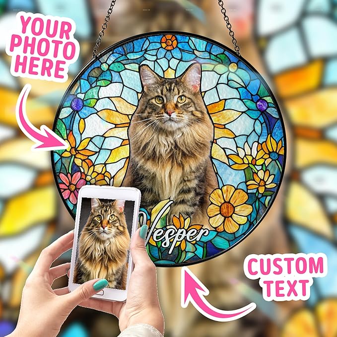 Personalized Cat Portrait Art Suncatcher Stained Glass Remembrance Gift Cat Indoor Decor Window Hanging Dog Bereavement Keepsake Loss of Pet Sympathy with Name Date Portrait