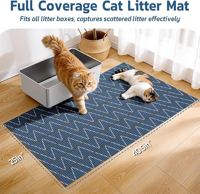 Extra Large Cat Litter Mat, 40x25 Inch Trimable & Soft Foam Pad, Leak-Proof & Non-Slip Bottom, Machine Washable, Scatter Control for Litter Box Area (Navy Chevron)