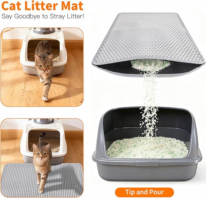 Large Cat Litter Box Mat for Cats, Double Layer Honeycomb Cat Litter Trapping Mats, Waterproof, Urine Proof,Non-Slip Litter Pad for Indoor Kitty Cat Litter Mat, Easy to Clean Grey (33.8'' x 23.6'')