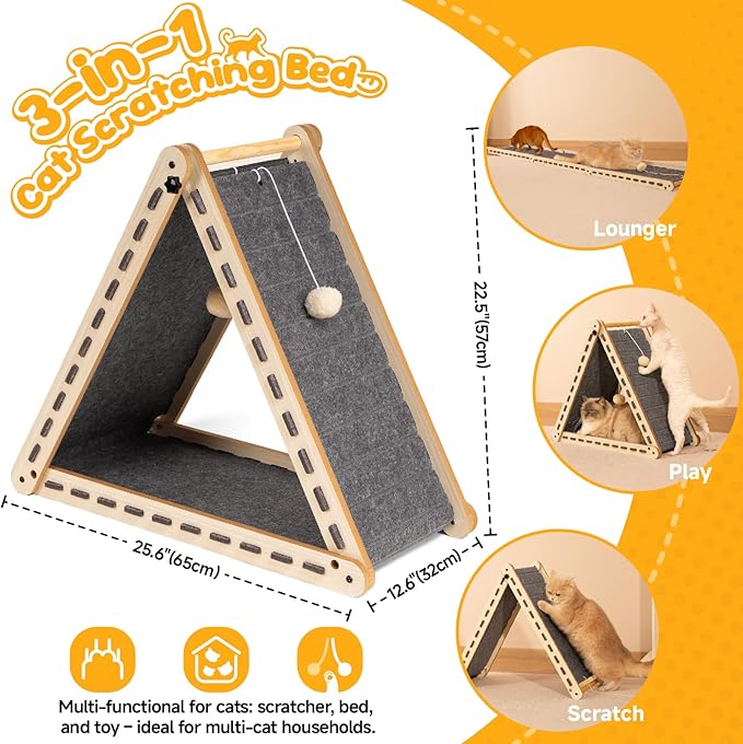 Cat Scratcher with Ball Toy Foldable Cat Scratch Pad Felt Triangle Scratchers for Indoor Cats Large Cat Scratching Board Mat Cats Scratch Furniture Protector Kitten Toys Grey