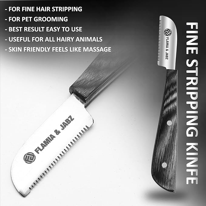 FJ Professional Stripping Knife kit (6 pieces set) for Dogs & Pets, Wooden Handle Grip with Stainless Steel Blade (Right handed) (Black)