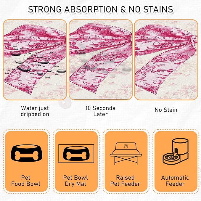 Dog Bowl Mat for Food and Water - Hamdwerk Absorbent Anti Slip Cat Feeding Mats for Floors, Quick Dry Pet Dog Feeding Matts, Diatomite Pet Dish Placemat Supplies, Coquettee Bow Style, 12 * 20in