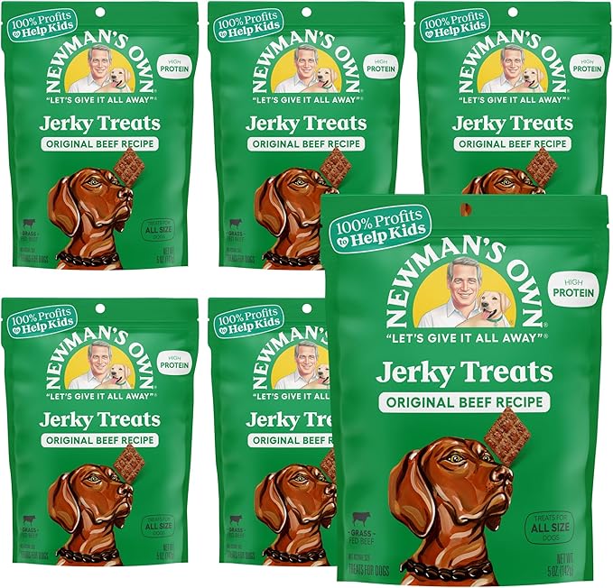Newman's Own Original Beef Jerky Dog Treats, 5 oz Bag (Pack of 6) — High Protein, Grain Free, Grass-Fed Beef as First Ingredient, Chewy Wholesome Training Rewards