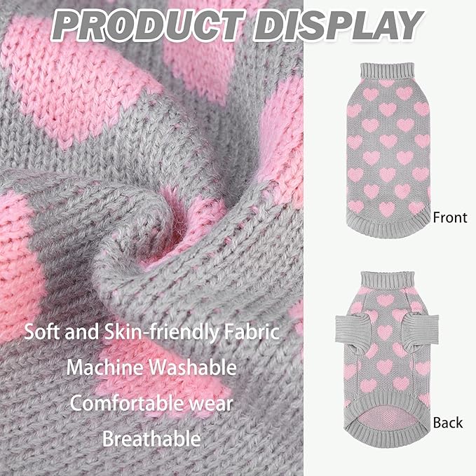 KOOLTAIL Cat Sweater - Valentine's Day Outfit with Hear Love Pattern Cold Weather Soft Warm Knit Turtleneck Clothes for Cats Kitten Small Dogs Puppy Greay M
