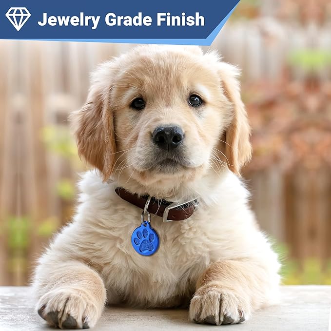GoTags Paw Print Round Stainless Steel Pet Tag for Dogs and Cats, Personalized with 4 Lines of Custom Engraved ID Name and Number, in Stainless Steel and 15 Colors Small and Large, Gold