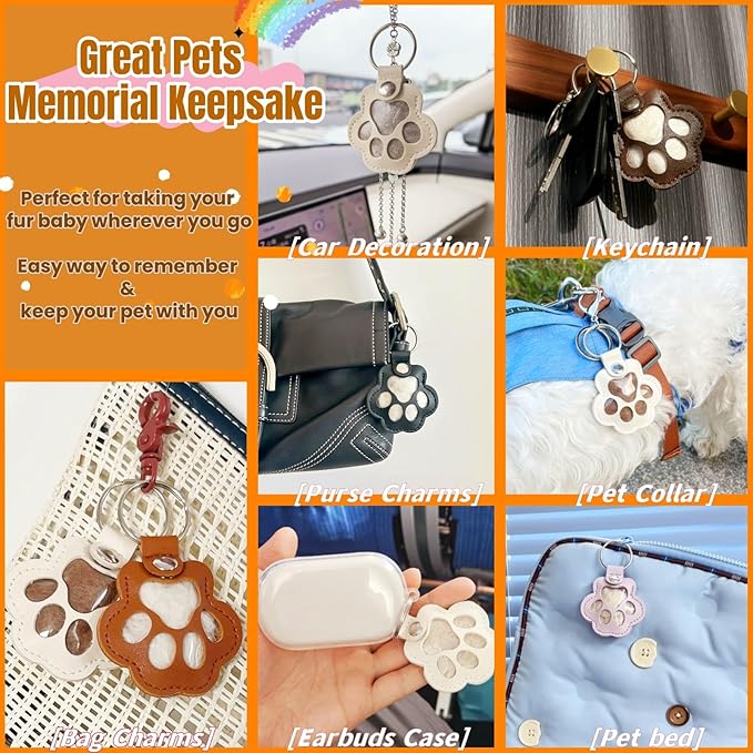6 Packs Pet Hair Leather Keychain, Dog Cat Fur Storage Paw Keyring, Memorial Keepsake, Collar Bag Purse Key Charms
