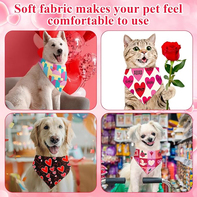 Sanwuta 120 Pcs Valentines Dog Bandanas Bulk Heart Bandanas Valentine's Day Adjustable Washable Pet Triangle Scarf Red Pink Heart Pattern Scarf for Small and Medium Dogs, 30 Style