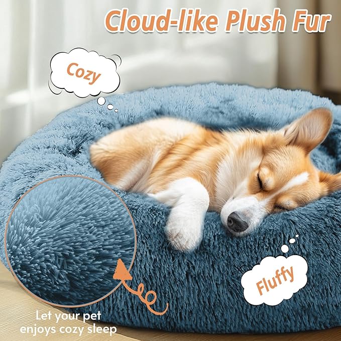 JOLLYVOGUE Calming Dog Bed Large Size Dog, Anti-Anxiety Donut Large Pet Bed, 36 inches Fluffy Faux Fur Round Cat Bed, Fits up to 75 lbs Pets (Blue)