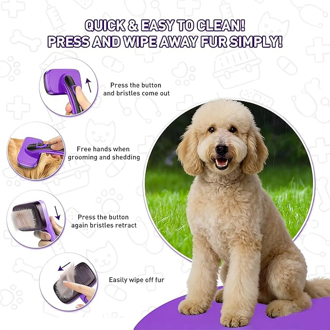 Self Cleaning Slicker Brush for Dog, Cat, Skin Friendly Shedding & Grooming Tool for Long and Short Haired Pets, Easy Clean Retractable Bristles, Purple