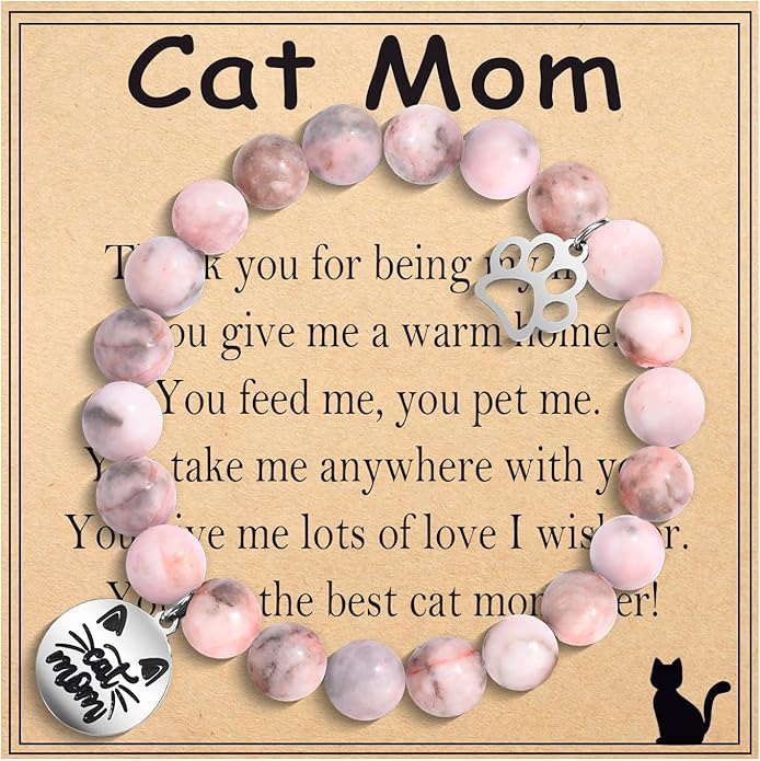 Cat Mom Gifts: Beaded Bracelet Paw Print for Women, Cat Lovers - Birthday, Christmas, Valentine's, New Year