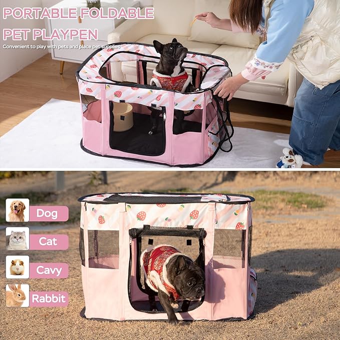 Dog and CAT pop Play Pen,Pets Houses for Dogs and Cats,Indoor&Outdoor Exercise Pen Dog Tent Puppy Playground Large (L, Pink)