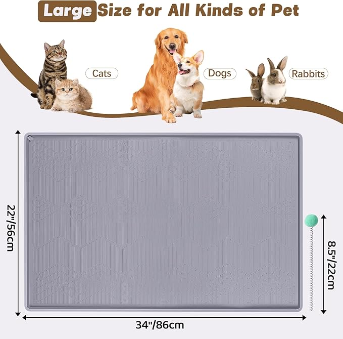 Cat Food Mat with Toy Ball, 34'' x 22'' Extra Large Silicone Pet Feeding Mat with Raised Edge Pet Placemat for Food and Water Bowl Non-Slip, Easy to Clean, Floor Protection (Grey)