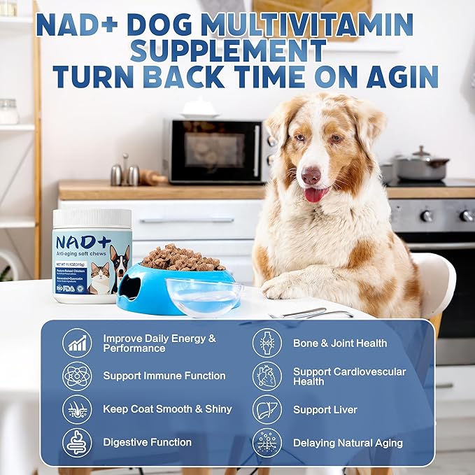 NAD+ Precursor & Senior Dog Multivitamin Supplement, 90 NMN Supplements for Longevity, Anti-Aging & Energy, Dog Daily Support Vitamins Chews for Hip & Joints, Skin & Coat, Chicken