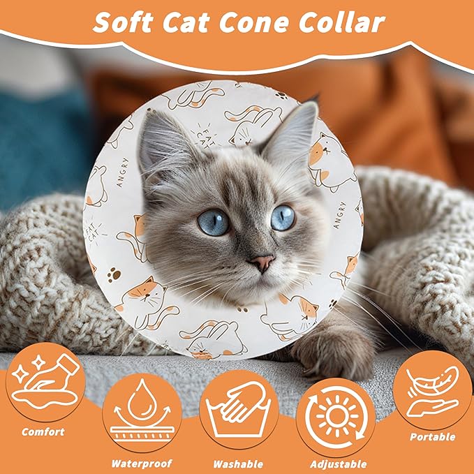 Soft Cat Cone Collar, Cute Cats Recovery Collar Suitable for Small, Medium, Large cat,Elizabethan Neck Collar for Cats After Surgery (White Cat, Medium)