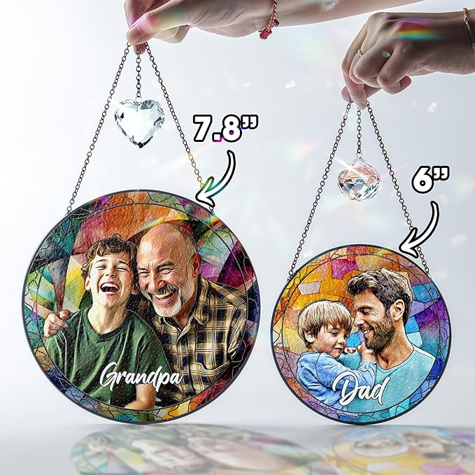 Personalized Grandpa Stained Glass Suncatcher, Photo Family Faux Stained Glass Window Hanging Ornament, Custom Photo Gift for Dad from Son Daughter, Birthday Gift for Grandpa, Uncle