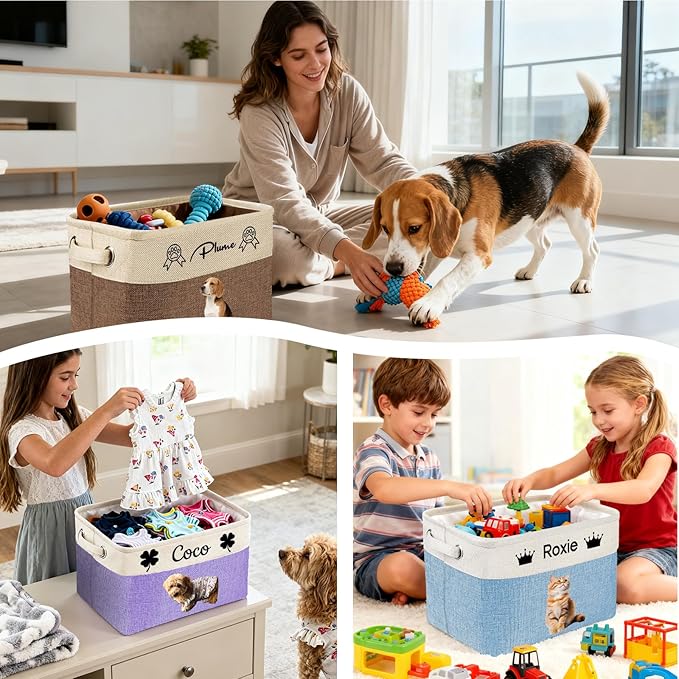 Custom Dog Toy Basket with Name Photo, Personalized Toys Clothing Storage Bins for Dogs Cats Pet,Collapsible Doggy Box Customized for Toy Food Pink