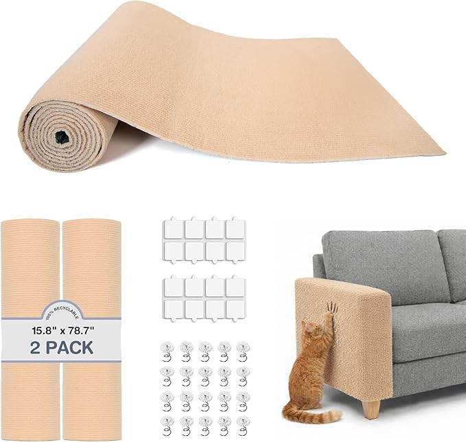 2 Pack Cat Scratcher Mat Roll for Furniture & Couch Protection | Total 157.5" x 15.8" Trimmable Self-Adhesive Carpet Cat Scratch Pad Replacement (Khaki)