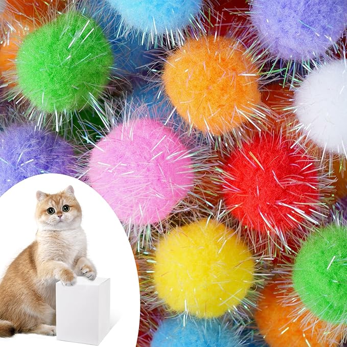 DF DUALFERV 60 Pcs Cat Pom Pom Balls, Interactive Cat Toys, Sparkle Balls for Cats, Extra Large and Fuzzy for Exercise and Entertainment, Multicolor, 1.5 Inch (60)