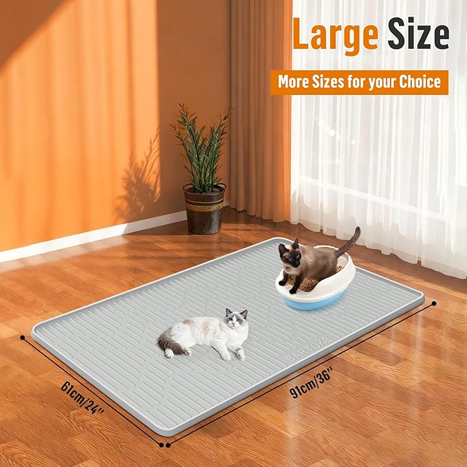 Silicone Cat Litter Mat, 36" x 24" Large Cat Litter Box Mat Litter Trapping Mat for Scatter Control, Waterproof, Soft on Kitty Paws, Clean Floor (Grey)