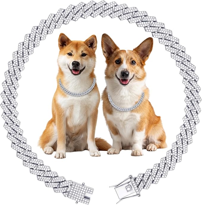 Luxury Cuban Link Dog Collar Silver Dog Chain Necklace with Diamond Rhinestones - 0.59 Inch Width Metal Pet Collar Jewelry for Small Medium Large Dogs & Cats (16 inch)