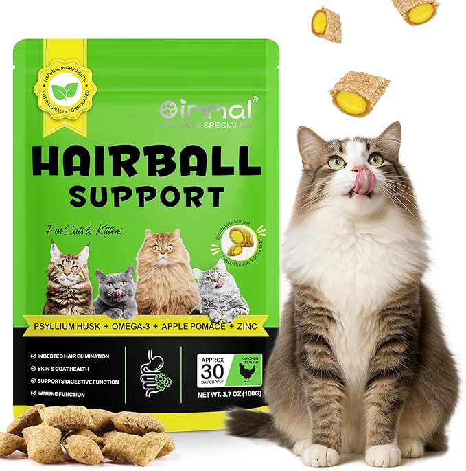 Hairball Treatment for Cats & Kittens, Cat Hairball Support Crunchy & Creamy Chews for Cats,Hairball Control & Relief Treats with Cat Grass,Apple Pomace & Omega-3 Fish Oil,Supports Healthy Skin Coat