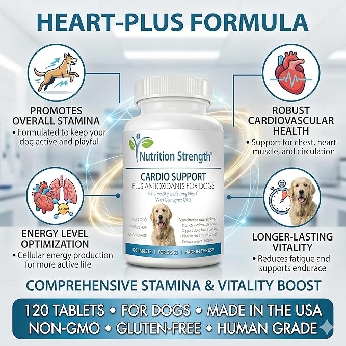 Cardio Support for Dogs Plus Antioxidant, L-Carnitine, L-Taurine, with Coenzyme Q10 and Vitamin E, Promotes a Healthy and Strong Dog Heart, 120 Chewable Tablets