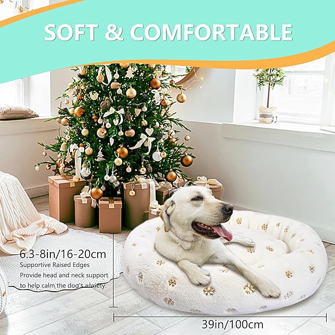 39 Inch Christmas Snowflakes Calming Dog Bed for Large Dogs, Round Anti-Anxiety Warm Bed, Soft Cozy Anti-Slip Donut Washable Pet Bed, Fits up to 100 lbs Pets