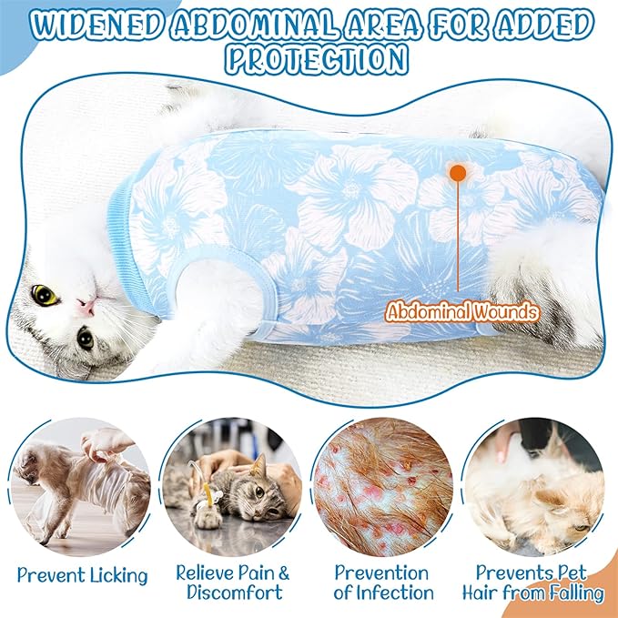 SlowTon Cat Recovery Suit - Cat Onesie for Cats After Surgery Female Male, Kitten Clothes Cats Surgical Spay Suit Abdominal Wounds, E-Collar Alternative Bodysuit Shirt Anti-Licking (Blue Flower,M)