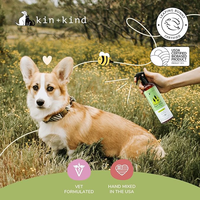 kin+kind Plant Based Flea and Tick Spray for Dogs and Cats – Essential Oil Formula with Lemongrass – Flea and Tick Prevention for Cats, Kittens, Puppies & Dogs - Pet Supplies - Family Safe – 12 fl oz