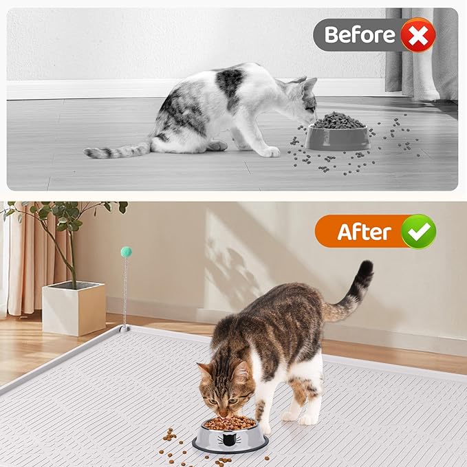 Cat Food Mat with Toy Ball, 38'' x 25'' Extra Large Silicone Pet Feeding Mat with Raised Edge Pet Placemat for Food and Water Bowl Non-Slip, Easy to Clean, Floor Protection (White)