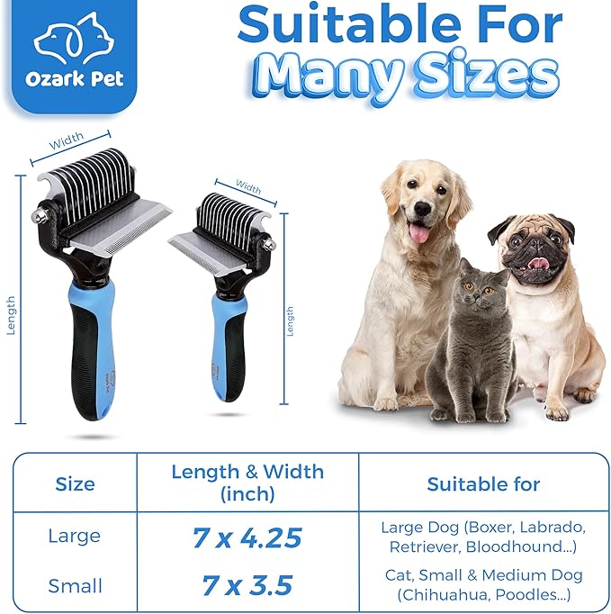 Dog Brush and Cat Brush-with Deshedding Brush, Dog Dematting Tools, Undercoat for Dogs, Deshedding Tool, Reduce Shedding Up To 95%, for Short to Long Hair, and Large Breeds by Ozark Pet (Blue L)