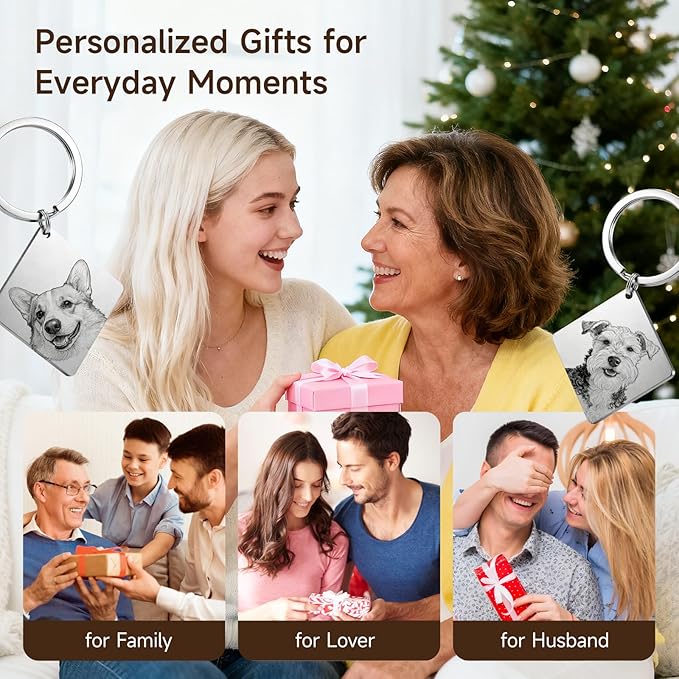 Custom Dog or Cat Portrait Keychain, Personalized Photo Engraved Keychains with Name, Customized Pet Memorial Gifts for Loss of Pets (Diamond Shape)