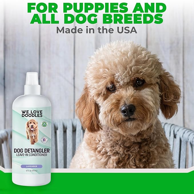 We Love Doodles Large Slicker Brush & Lavender Detangler Spray Pack - for Long-Haired Dogs, Dog Leave-In Conditioner for Reducing Mats, Knots & Tangles, Dematting & Conditioning Kit, 16 oz