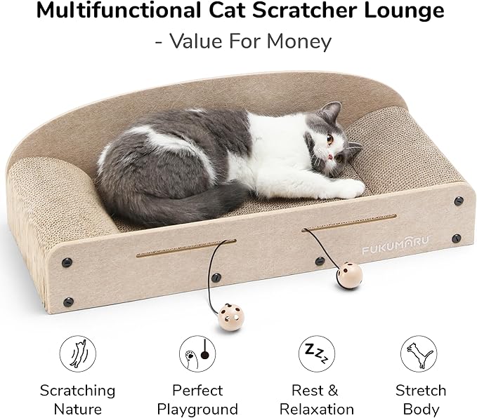 FUKUMARU 26 Inch Cat Scratcher Cardboard Lounge Bed, 2 Reversible Cat Scratch Pads Refill for Indoor Cats, Durable Cats Scratching Boards Extra Large Lounger Bed Sofa Couch with Ball Toy, Beige